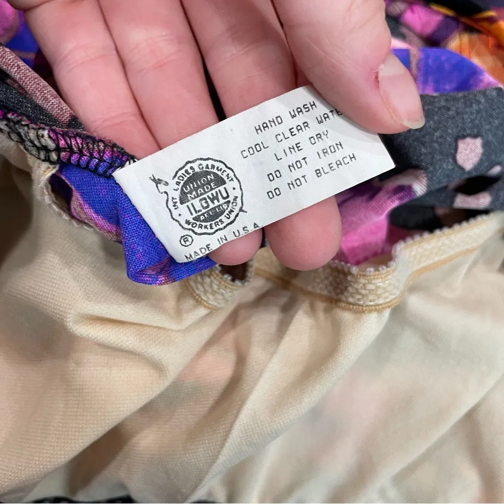 Vtg Abstract Print One Piece Swim Sz 14 Hawaiian Floral Dot Print Black - Image 12