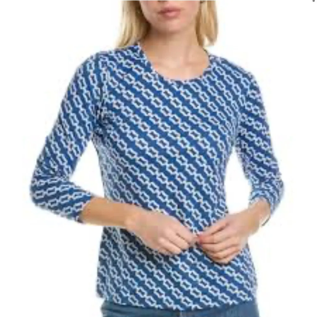 J. McLaughlin Blue and White Patterned 3/4 Sleeve Top Size XS Blue Geometric - Image 6