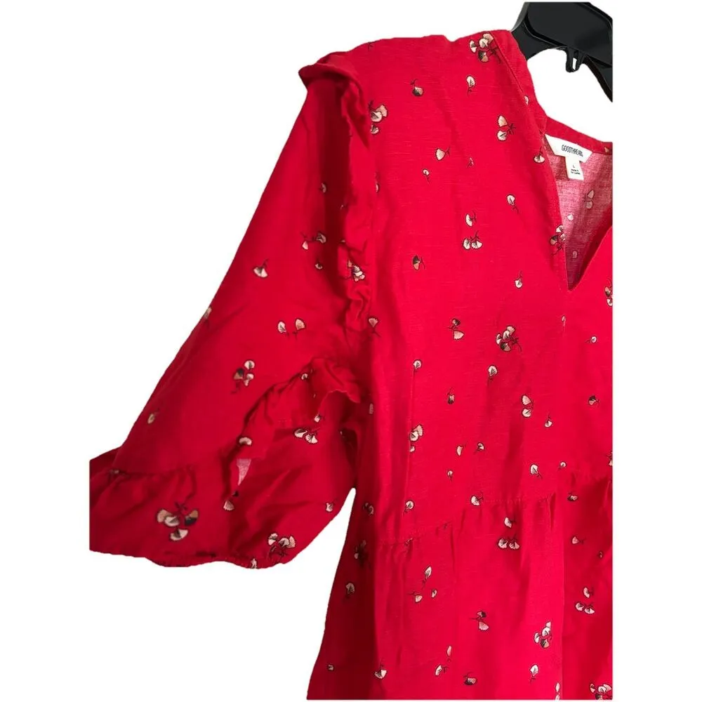 Goodthreads Red Ginkgo Print Linen Blend Peasant Prairie Dress Womens Large - Image 4
