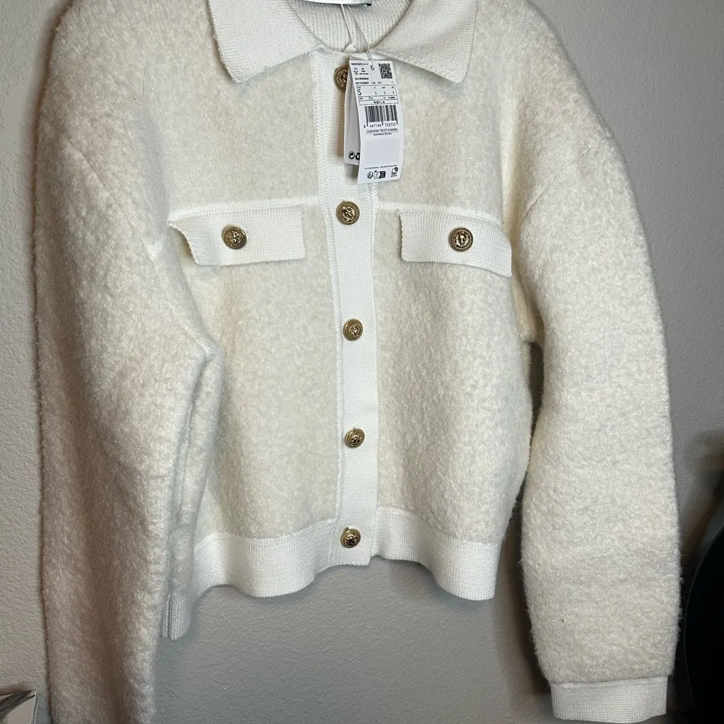 Mango Cream Wool Blend Double Lined Sweater Teddy Jacket with Gold Buttons - Image 6