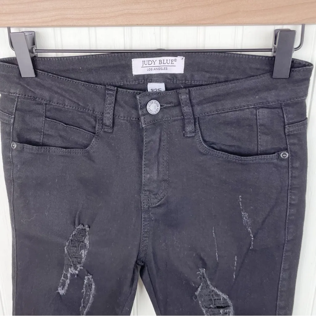 Judy Blue Distressed Frayed Ripped Black Denim Skinny Jeans Women's Size 1/25 - Image 3
