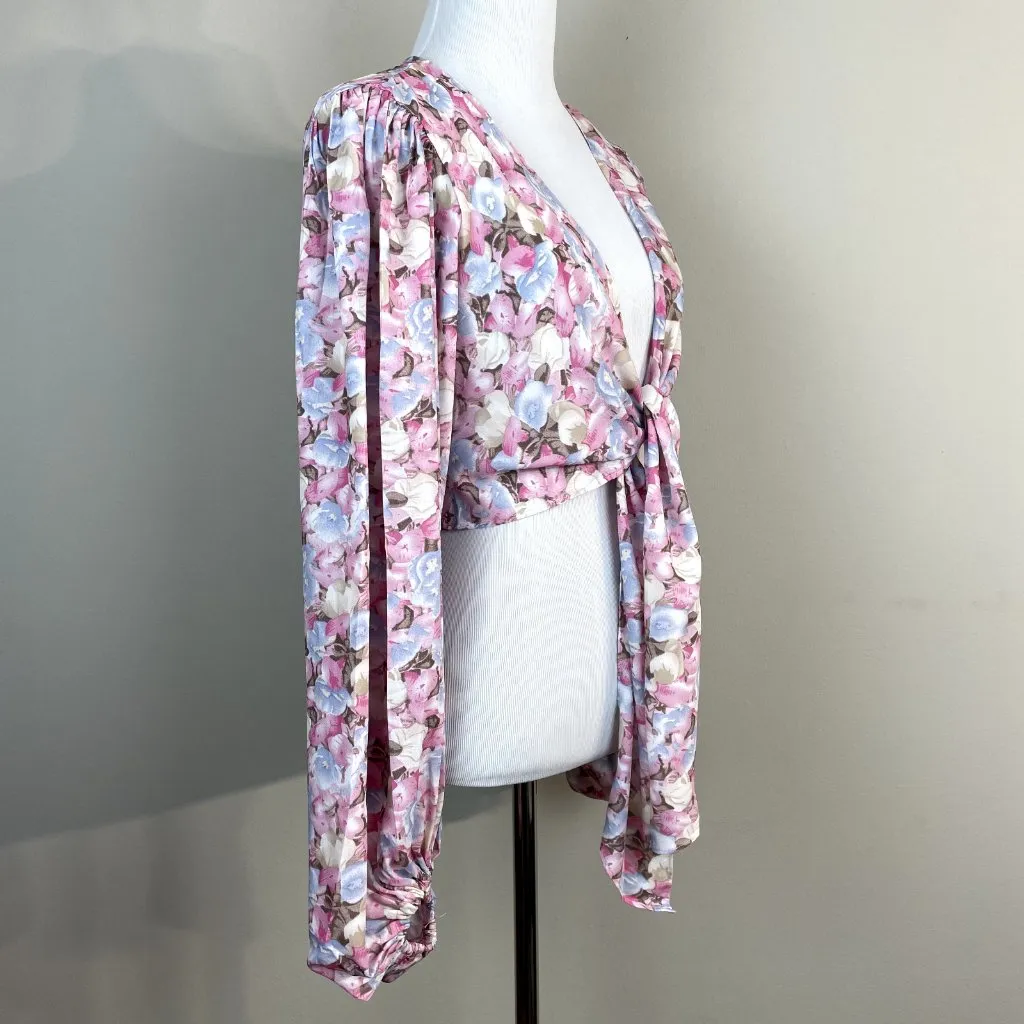 Petal + Pup Kelsey Top Womens 2 Pink Floral Cropped Long‎ Sleeve Tie Topper New - Image 11
