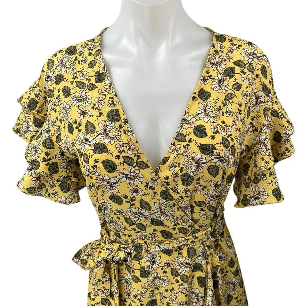 Max Studio Yellow Floral Ruffle Flutter Short Sleeve Hi-Low Midi Wrap Dress XS - Image 3