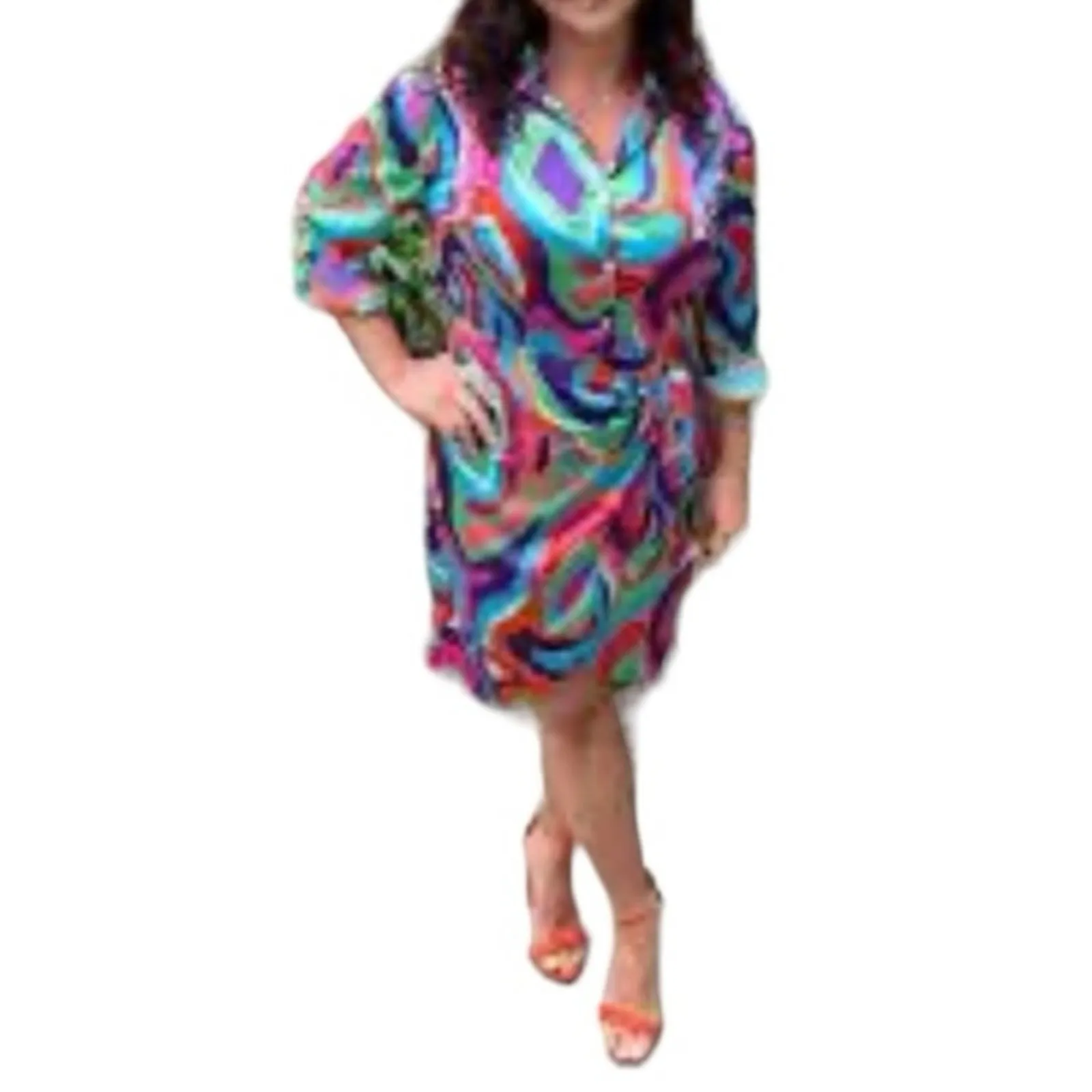 NWT New York & Company Abstract‑Print Wrap Shirtdress Large Faux Wrap Button Pink - Image 7