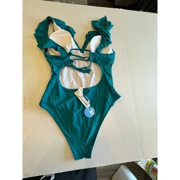 Cupshe Teal Ruffle V‎ Neck Tummy Control One Piece Swimsuit Bathing Suit XXL - Image 4