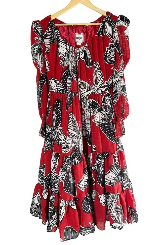 Autumn Adeigbo Fleur Red Butterfly Midi Dress Size US 14 - Image 2