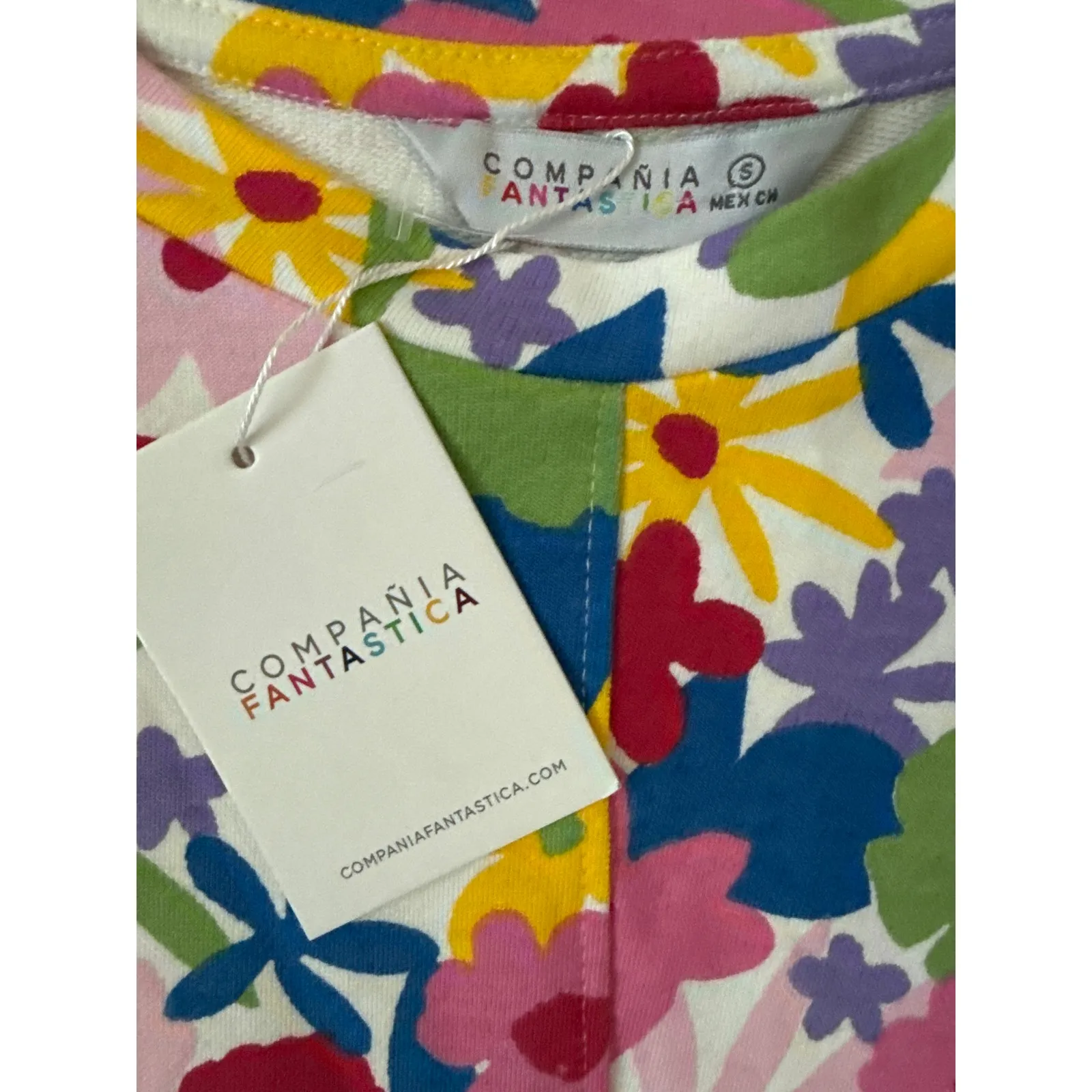 Compania Fantastica Colorful Floral Cotton Oversized Cropped Sweater Size Small Pink - Image 5