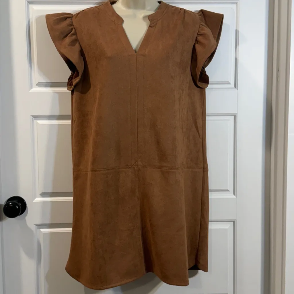 THML flutter sleeve suede midi dress in camel large - Image 3