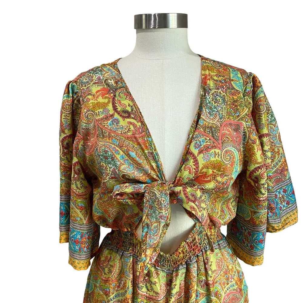 Zury Bohemian Silk Blend Bell Sleeve And Wide Leg Front Tie Jumpsuit Size M Yellow Size M - Image 4