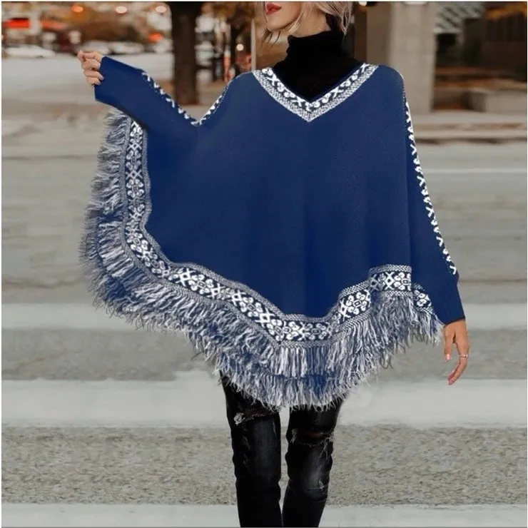 NEW Boutique Women's Navy Blue Alpaca Wool Fringe Sweater Poncho Top OS Size undefined - Image 2