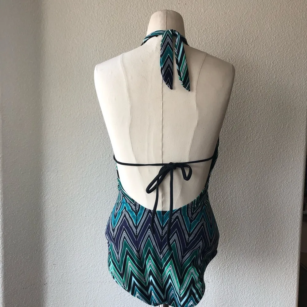 Old Navy one piece swimsuit chevron green black purple pattern halter - Image 3