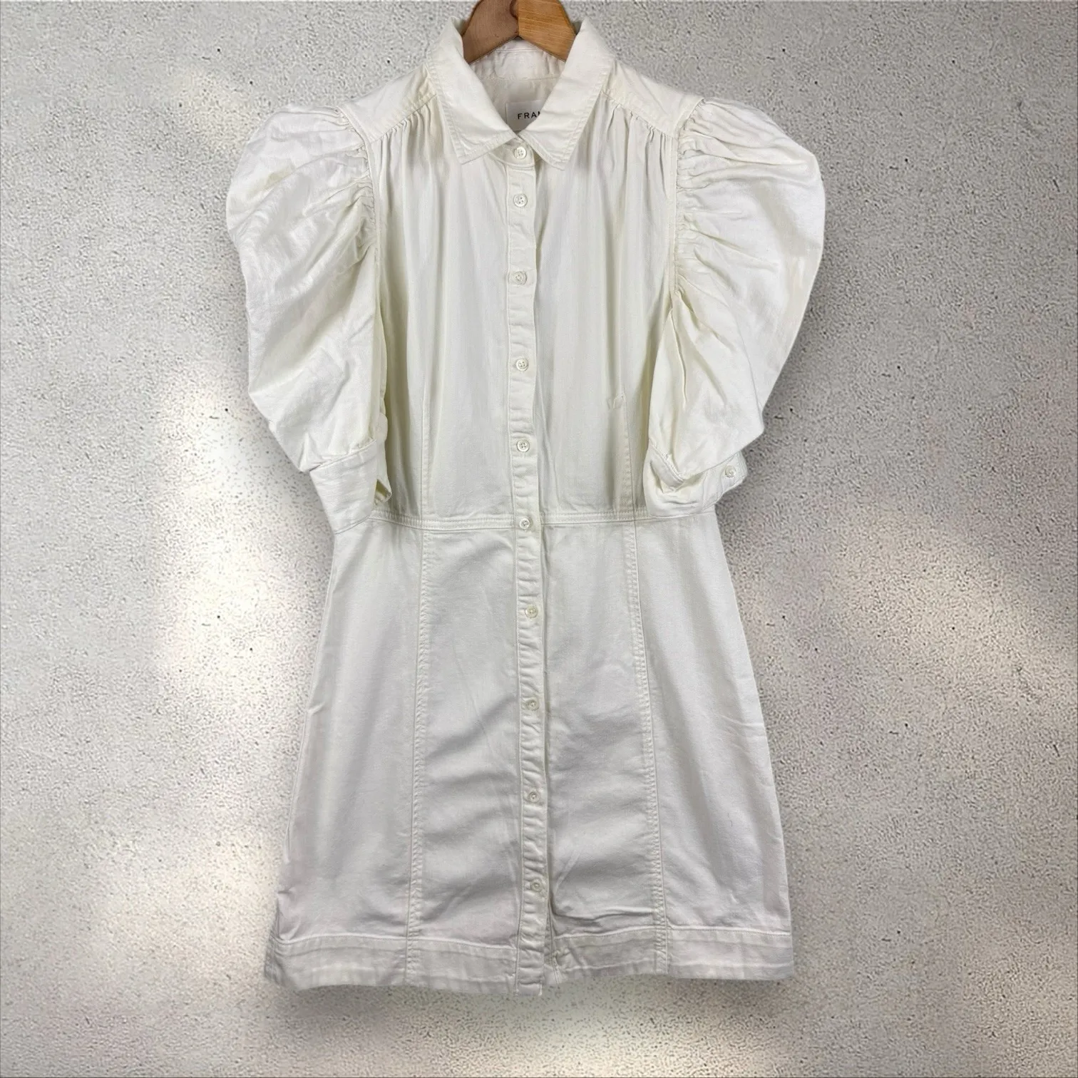 Frame Gillian Shirt Dress in Ecru Size M Poplin Denim Puff Sleeve Mini Preppy - Image 4