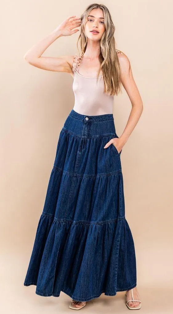 Denim Tiered Maxi Skirt - Image 2