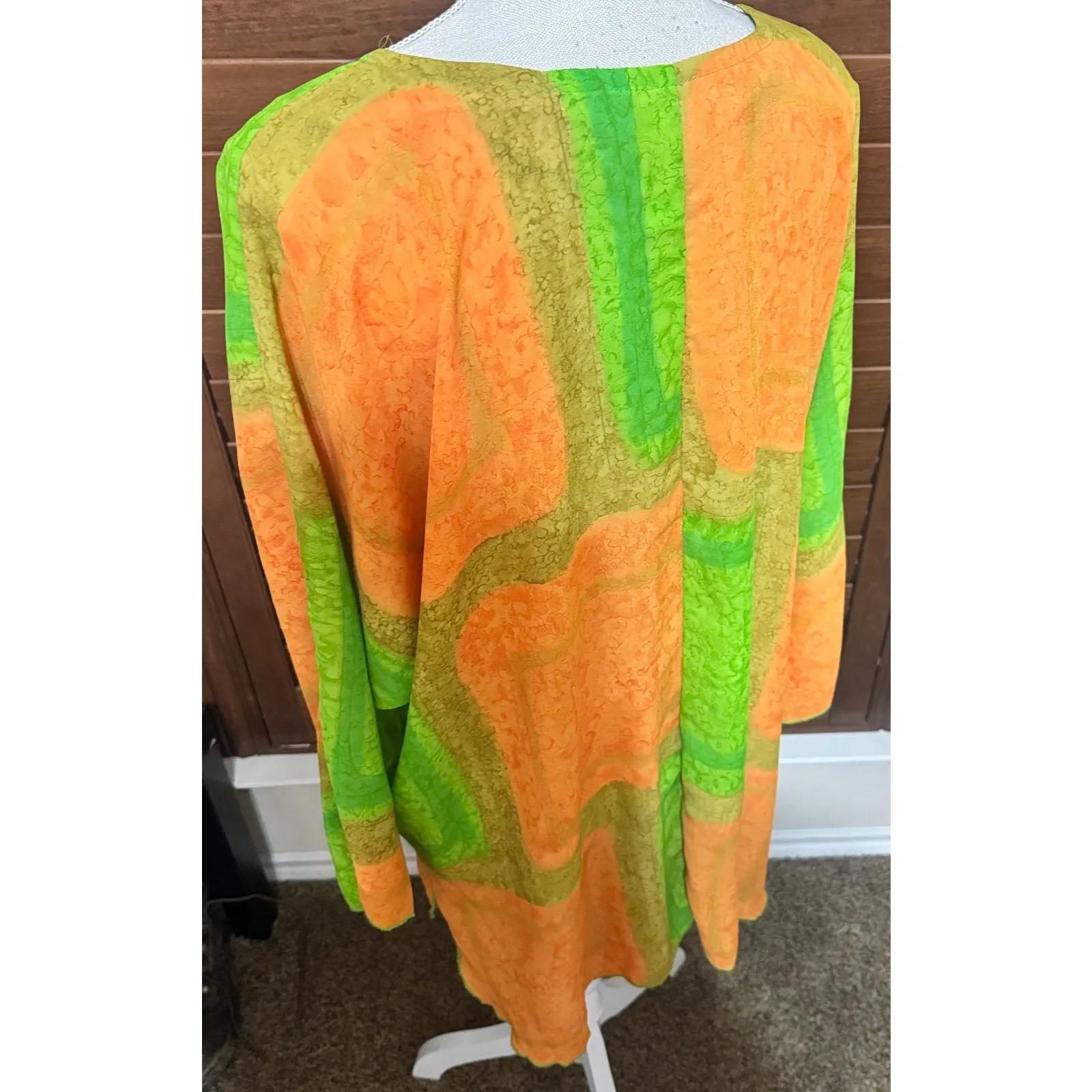 VTG 70s House of Ross Dallas Psychedelic Shift Dress Neon Orange Green Mod GoGo Size L - Image 5