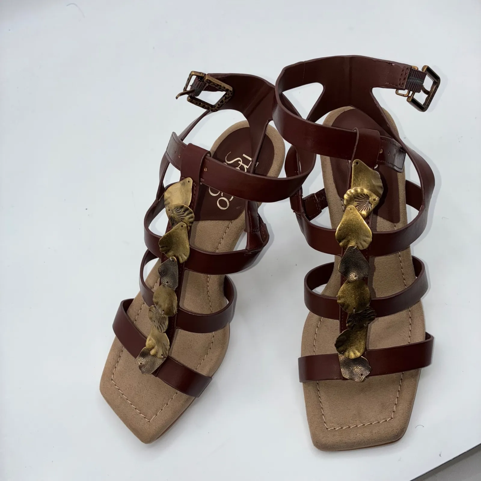 Franco Sarto L-Rine Womens 6.5 Brown Leather Gladiator Heels Gold Leaf Party - Image 2