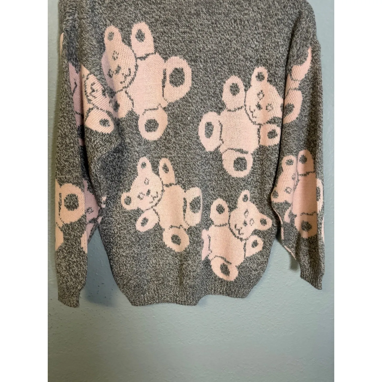 Vintage Teddy Bear Print Grey Pink Mock Neck‎ Sweater Size Small Girlhood Twee Gray - Image 8
