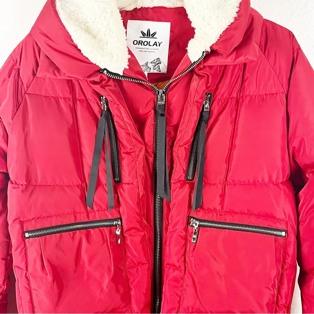 OROLAY Red Orange Thickened Duck Down Filled Fleece Lined Hood Jacket, Size XL - Image 10