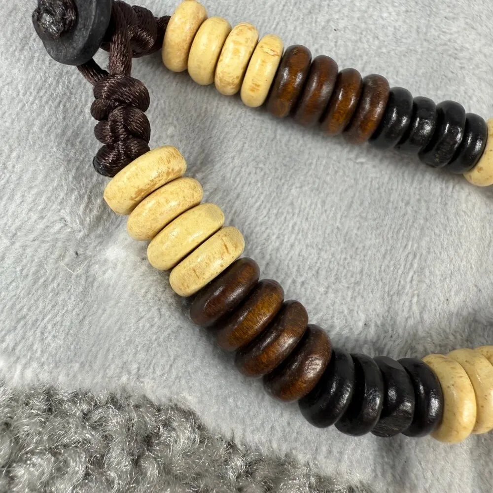 Chunky Natural Wood Bead Necklace Black Brown/Beige Layers & Loop Button Closure Brown - Image 13