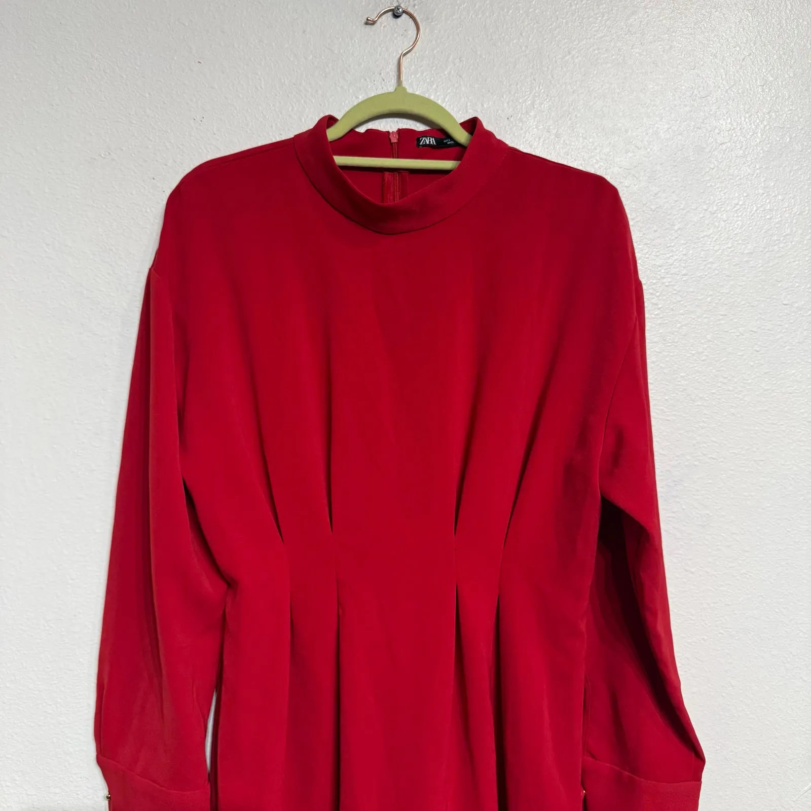 Zara Red Pleated Mock Neck Long Sleeve Mini Dress Sz L - Image 3