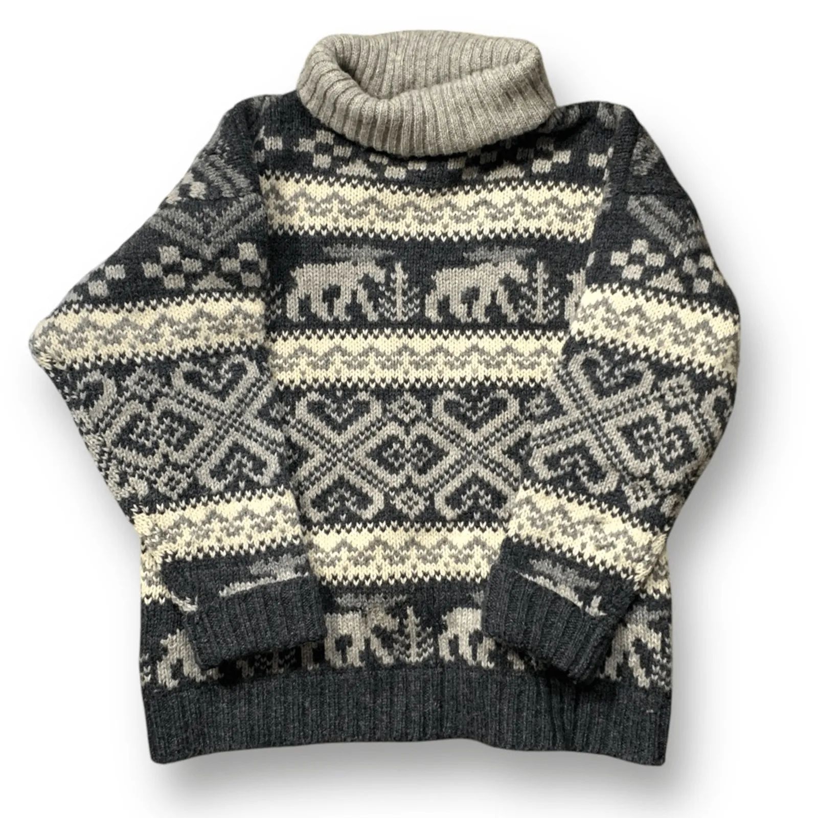 Vintage 90s Eddie Bauer Gray Black Moose Nordic Fair Isle Turtleneck Sweater - Image 5