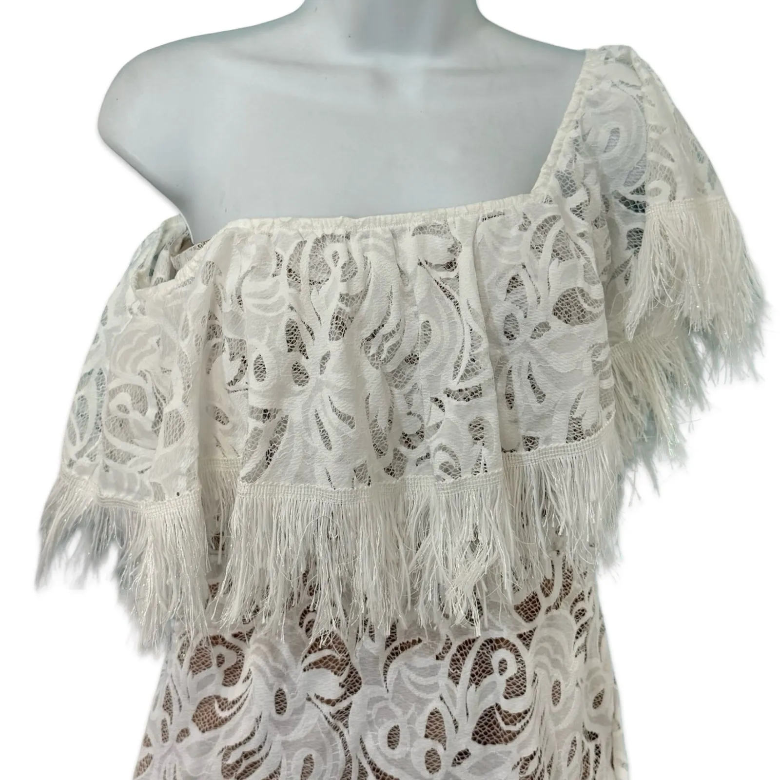 Grace Loves Lace Dominga Nude White Fringe Off Shoulder Midi Wedding Dress sz M Size M - Image 11