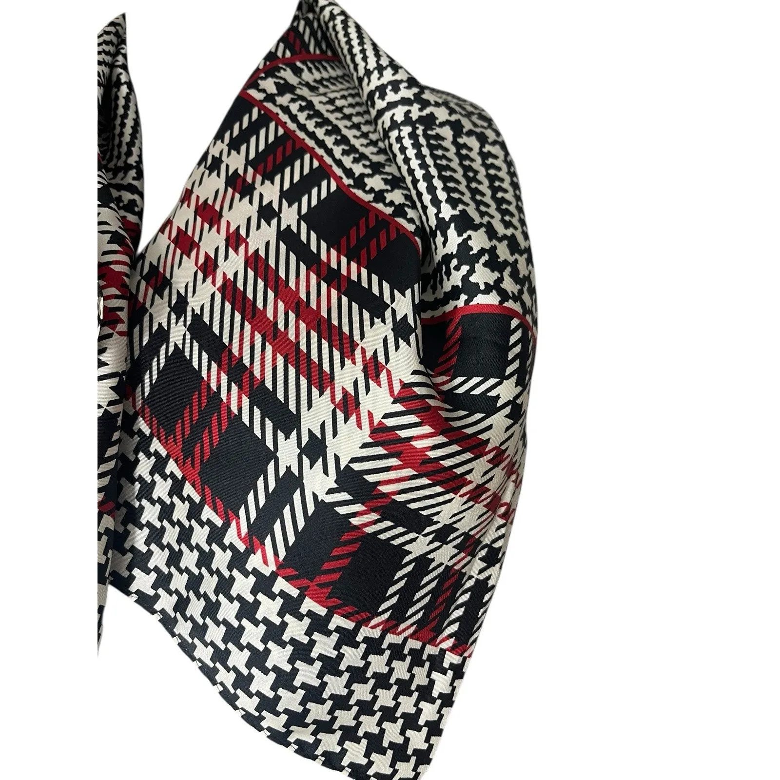 Vintage Oscar de la Renta Scarf Black White Houndstooth Silk Red Square - Image 2