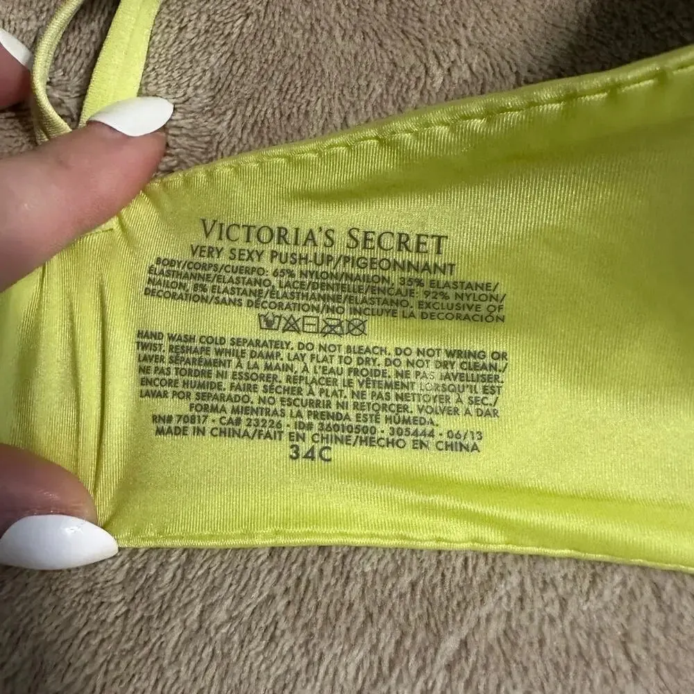Victoria's Secret Very Sexy Push Up Bra Size 34C Padded Yellow Lace Overlay VS - Image 5