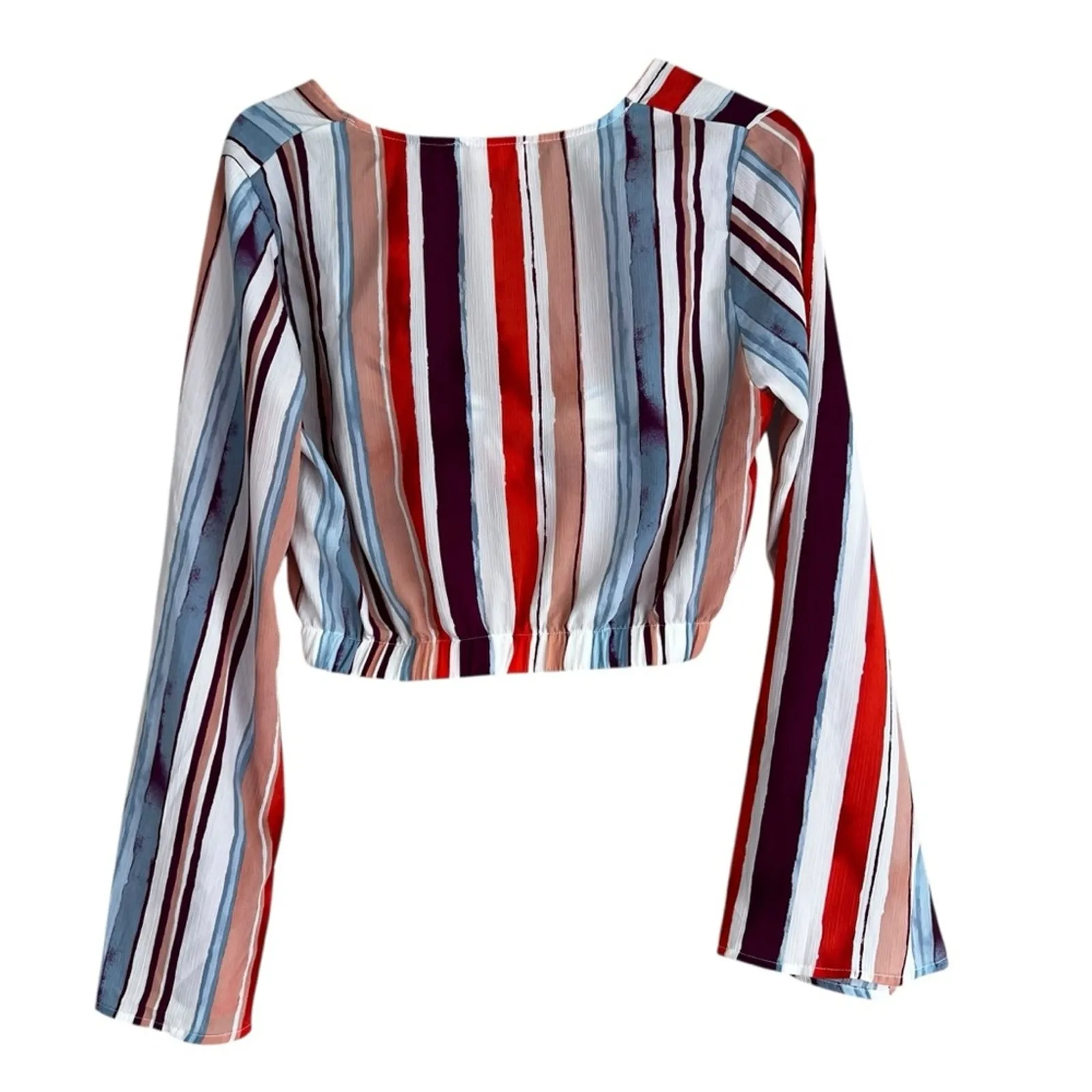 Peach Love California Crop Top Womens M Multicolor Striped Bell Sleeve Knot Boho - Image 4