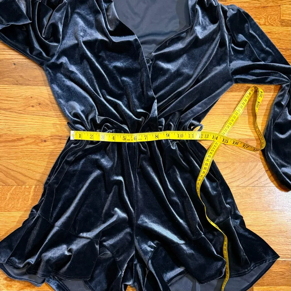 Fraiche by J Womens Small Blue Velvet Long Sleeve Ruffle Shorts Romper Retro - Image 3