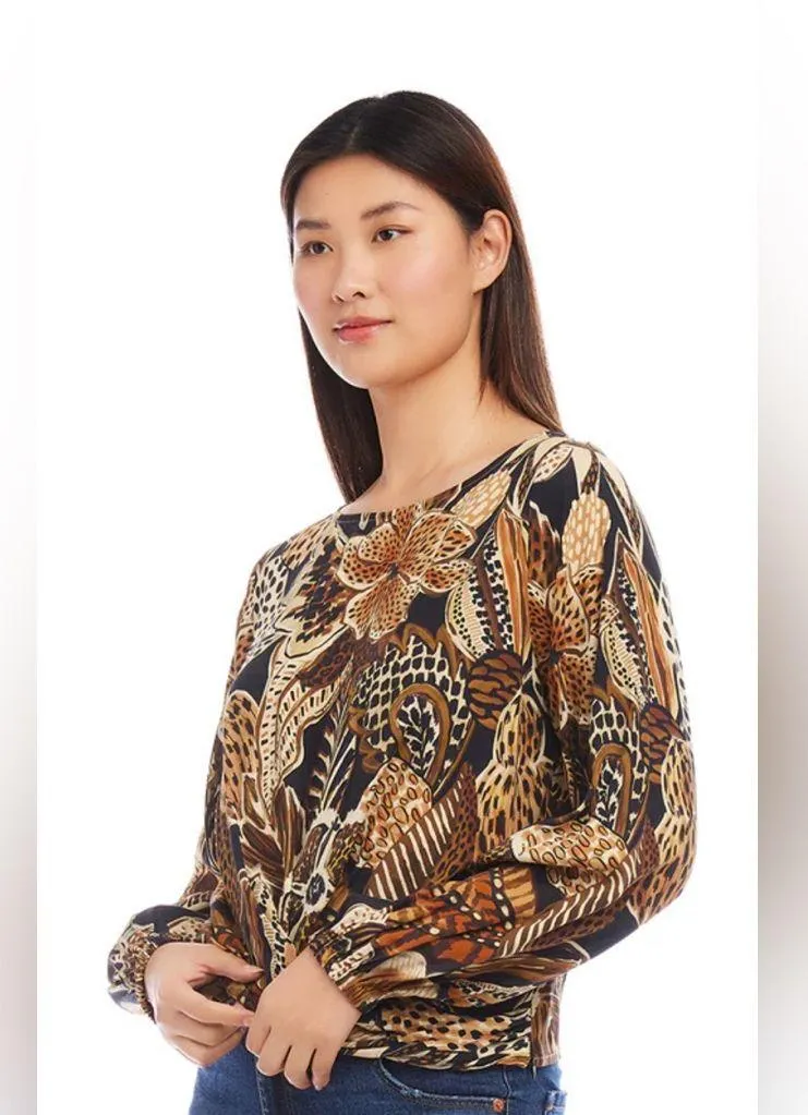 Karen Kane boat neck Brown and yellow 💯 viscose Bishop Sleeve Blouse. Size M.NWT - Image 3