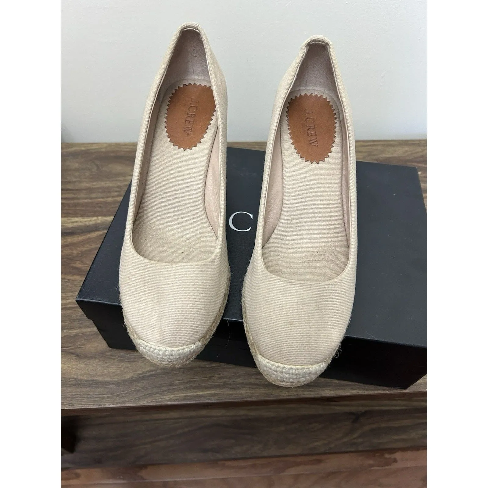 J Crew Espadrille Wedges Womens 8 Natural‎ Beige Heels Canvas Sandals Shoes Tan - Image 4