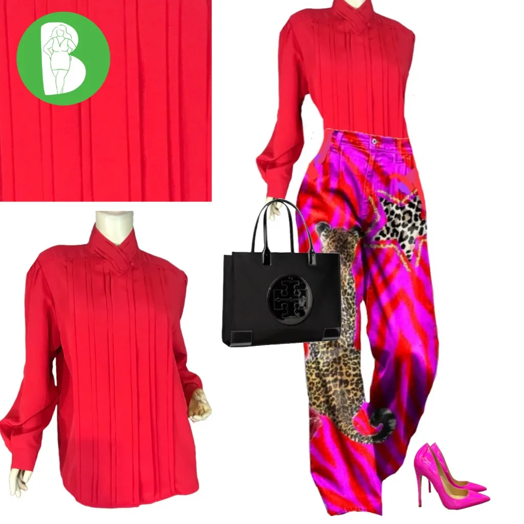 VINTAGE 1980'S YVES ST. CLAIR RED MOCK NECK PLEATED BLOUSE (12) - Image 2