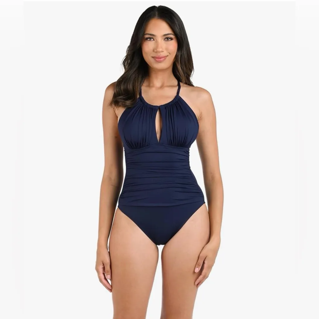 La Blanca Island Goddess High Neck Keyhole Mio One Piece Swimsuit Indigo M 8 NWT - Image 3