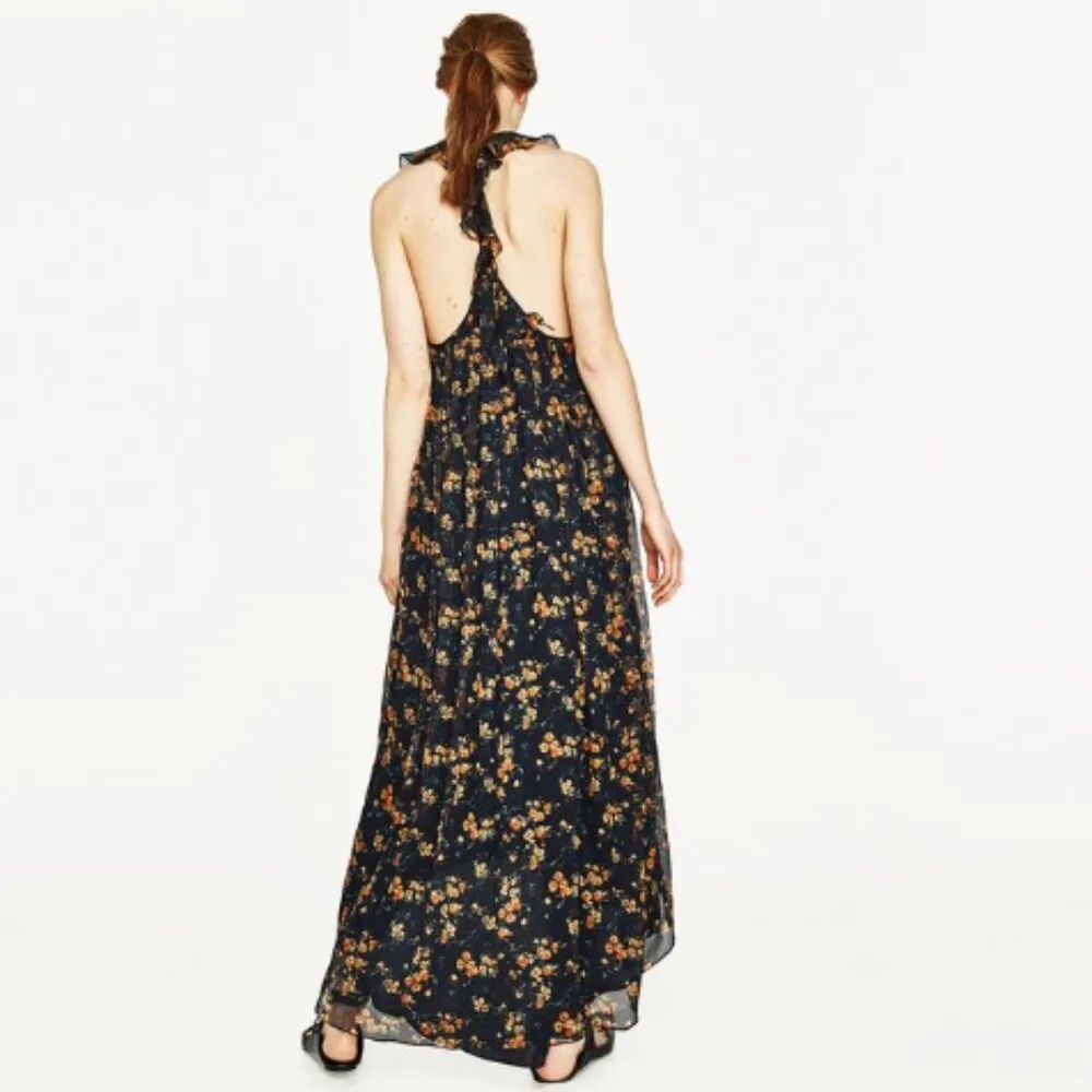 Zara Floral Sheer High Low Dress Halter Ruffles Size Small Orange Black - Image 4