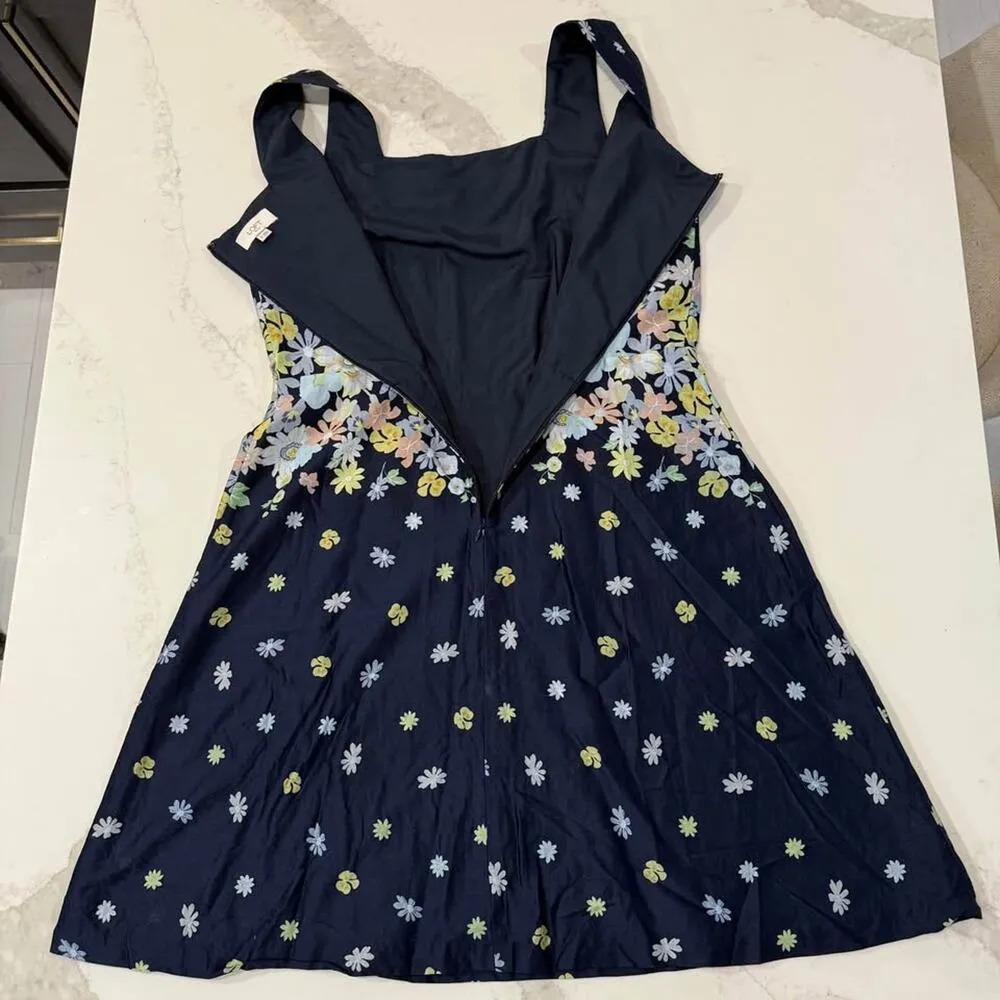 Loft Outlet Floral A-Line Midi Dress Womens 12 Navy Blue Square Neck Zipper Back - Image 6