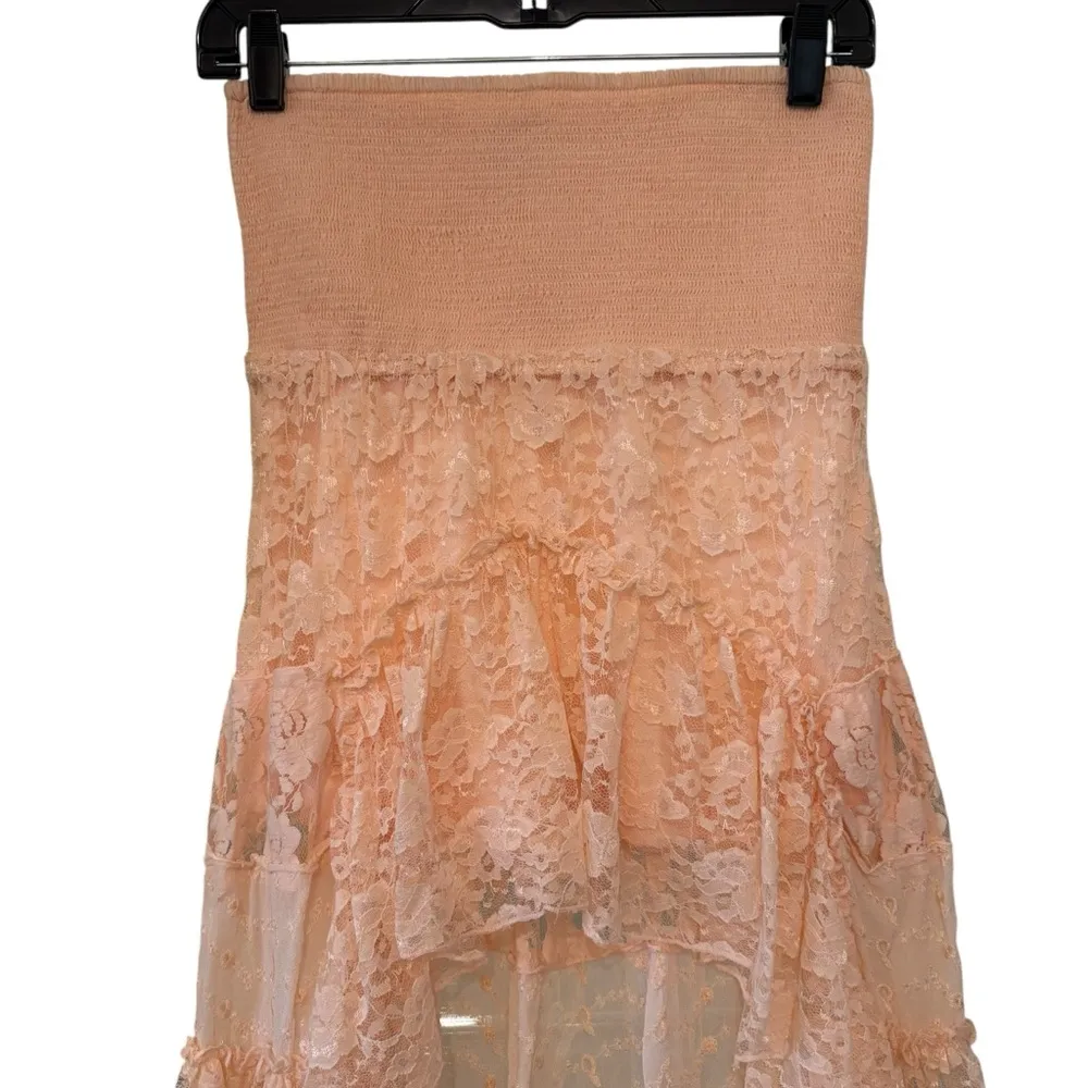 Venus Smocked Waist Peach Lace Tiered High Low Skirt, Sz S - Image 3