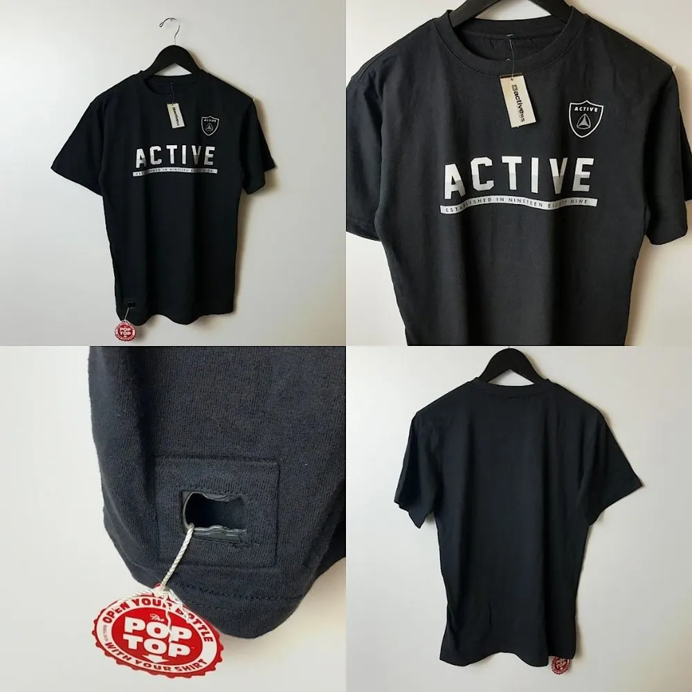 NEW Active Ride Shop T Shirt Bottle Opener Graphic Tee Short Sleeve Black Small - Image 2