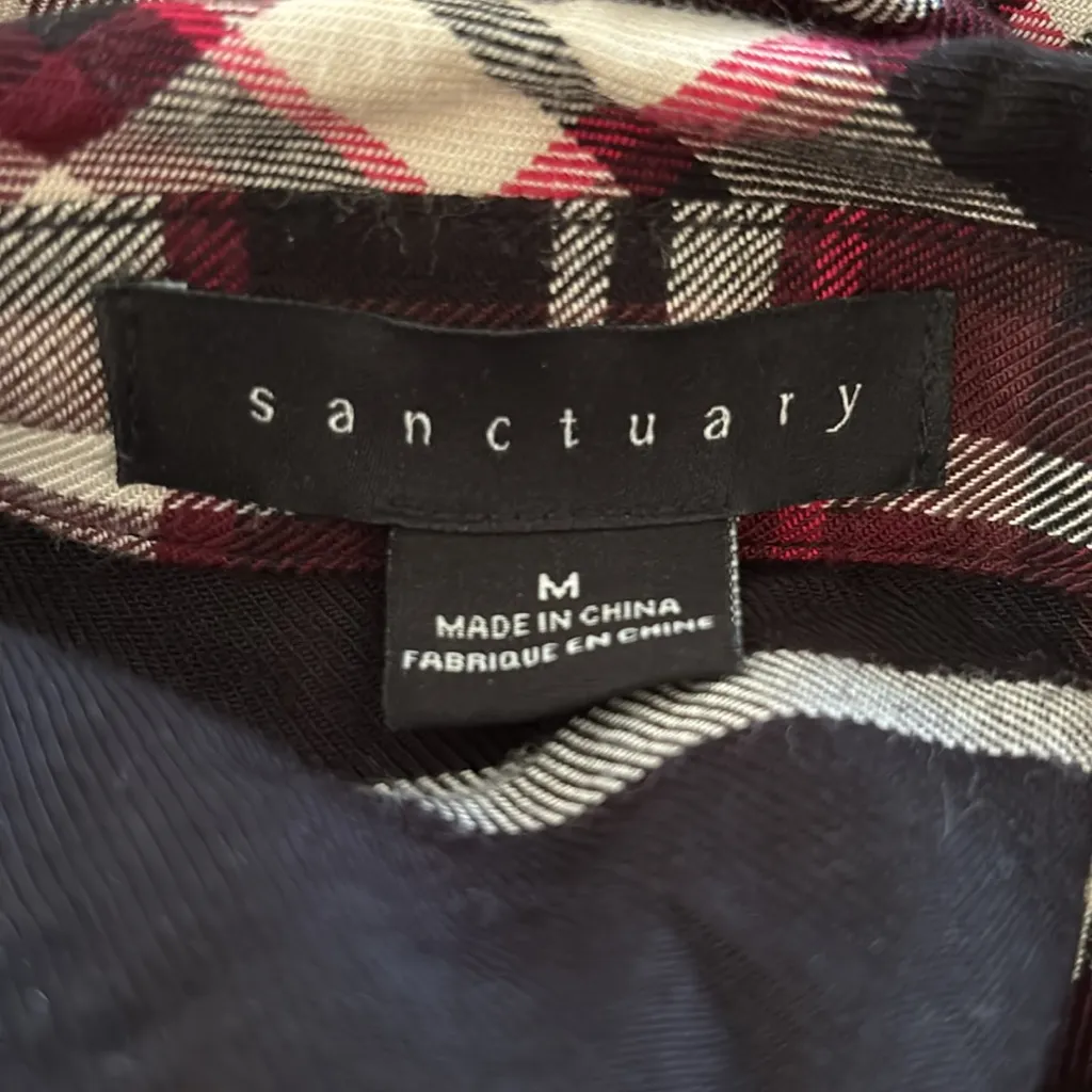 Sanctuary Boyfriend Flannel Tunic Shirt Sz M Roll Tab Sleeve Black Red Plaid - Image 6