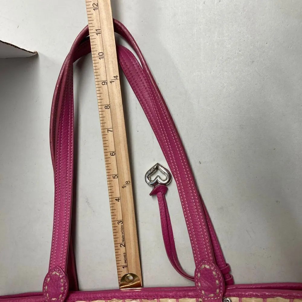 BRIGHTON‎ Tan & Pink Basketweave Handbag Satchel Purse 15X3.75X10 - Image 11