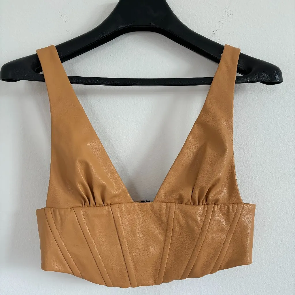 Zara Top Womens Medium Camel Cropped‎ Faux Leather Corset Festival Feminine Edgy - Image 2