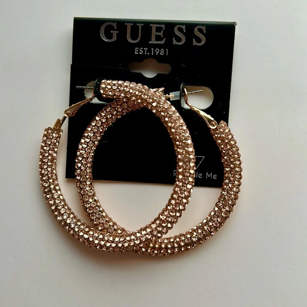 2 pair of rose gold tone sparkling earrings larger pair is from Guess - Image 6