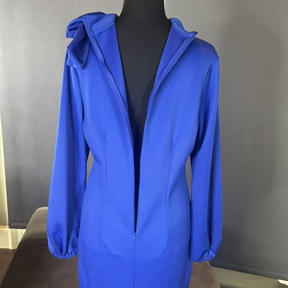 Women’s Blue Long Sleeve Midi Pencil Dress with Bow Detail Size M NEW Size M - Image 6