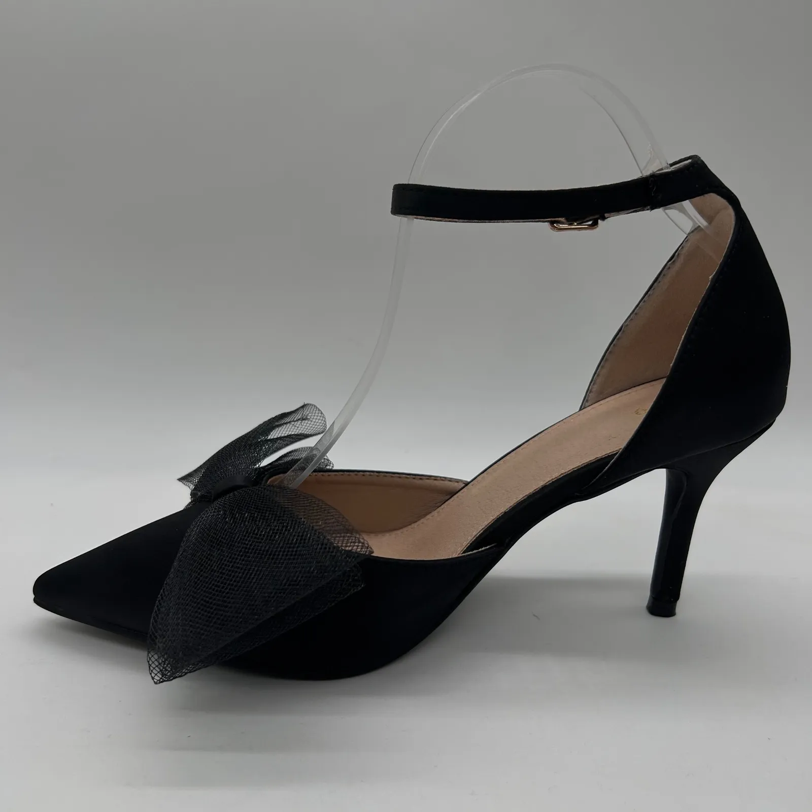 NEW Allegra K Heels Womens 9 Black Pointed Toe Ankle Strap‎ Pumps Bow Stiletto - Image 3