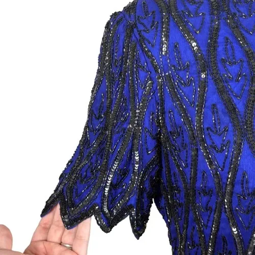 Vintage Stenay Silk Beaded Blouse Royal Blue Black Cocktail Glam Size Large - Image 3