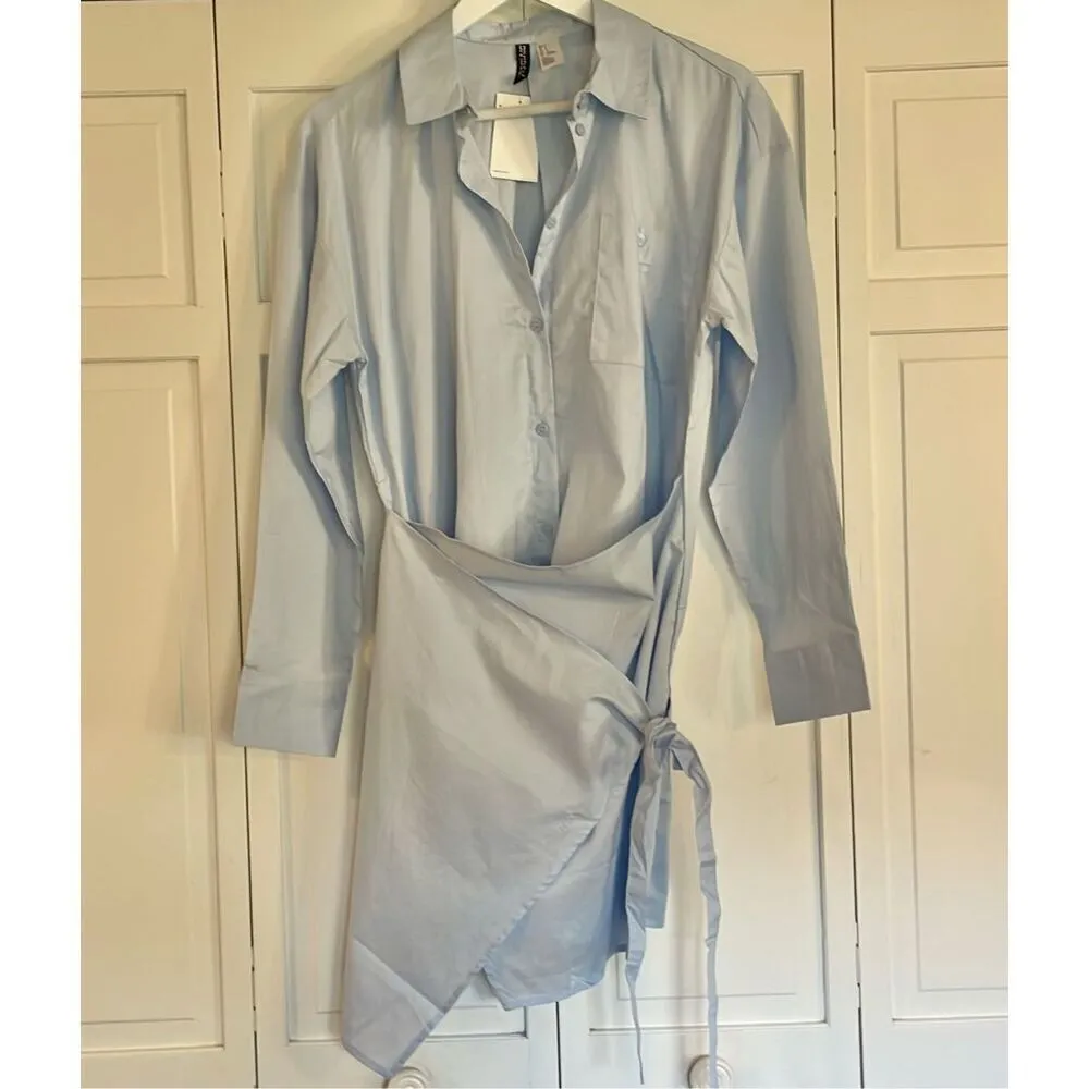 H&M NWT blue cotton poplin wrap skirt shirt dress small - Image 12
