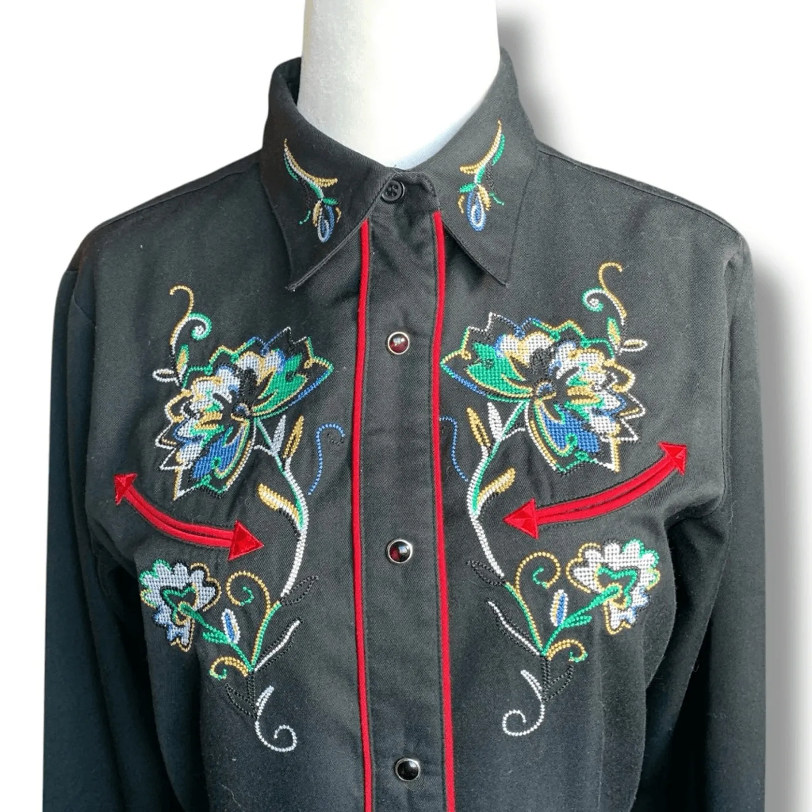 Vintage 90s Roper Western Embroidered Shirt Floral Arrow Snap Front Cowgirl Black - Image 3