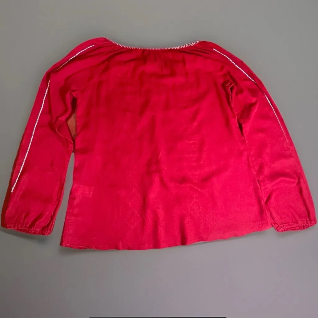 Lucky Brand Red White Embroidered Cotton Peasant Blouse Tassel Boho Americana - Image 2