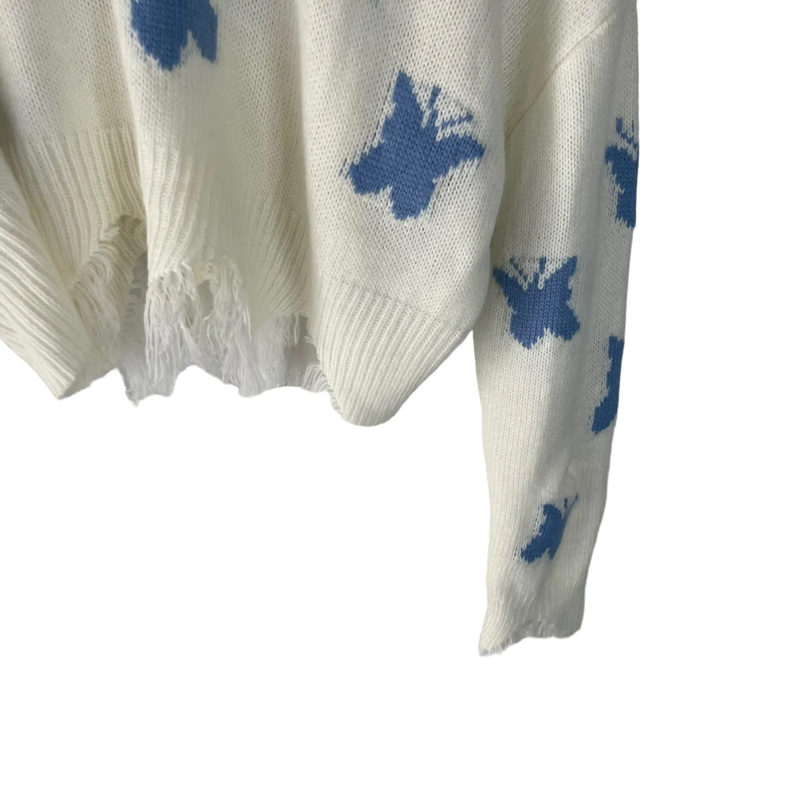 Just Polly Women's Size Large Cream Butterfly Fringe Distressed Cropped Sweater Blue - Image 4