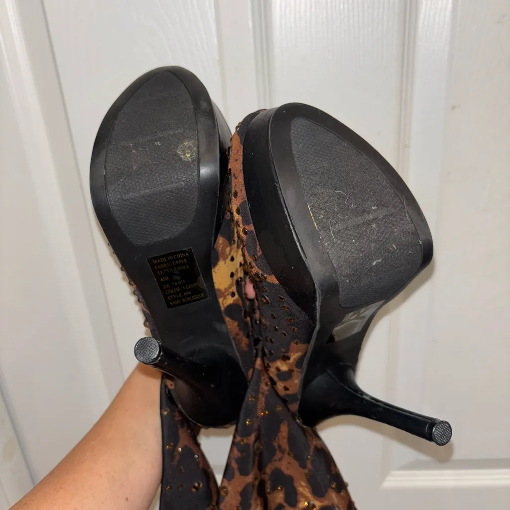 VTG Y2K Leopard Bakers Platform Boots Thigh High Stiletto Bejeweled Pleaser Brown Size 6.5 - Image 8