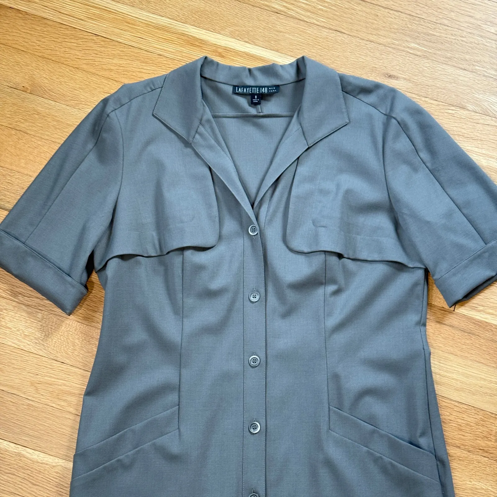 Lafayette 148 New York Wool Shirt Dress Size 8 Grey Minimalist Utility Midi Gray - Image 8
